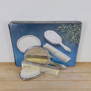 Silver Plate Vanity Set: Hand Mirror, Brush & Comb - Vintage Home Decor in Original Box