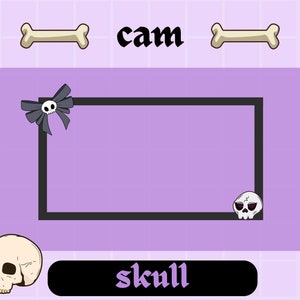 May include: Purple and black digital camera overlay with a skull and bow graphic. The text "cam" and "skull" are in black gothic font.