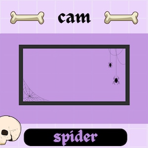 May include: A purple background with a black frame containing a spider web with three black spiders hanging from it. The text "cam" is above the frame and the text "spider" is below the frame.