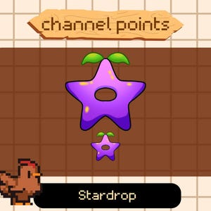 Könnte beinhalten: Ein lila sternförmiges Objekt mit einem Loch in der Mitte und grünen Blättern oben. Der Text "channel points" befindet sich über dem Stern und der Text "stardrop" unter dem Stern. Der Stern befindet sich auf einem braunen Hintergrund.