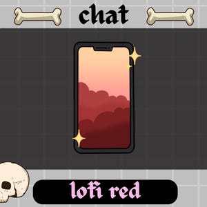 Op de afbeelding: Een digitale illustratie van een smartphone met een rode en roze zonsonderganghemel als achtergrond. De tekst "lofi red" staat onder de telefoon.