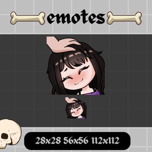 Könnte beinhalten: Digitales Kunstwerk mit einem lächelnden Anime-Charakter mit schwarzen Haaren und einem lila Oberteil, der am Kopf gestreichelt wird. Das Wort "emotes" steht darüber. Das Bild enthält Größenangaben: 28x28, 56x56 und 112x112.