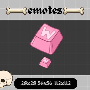 May include: Pink keyboard key with the letter 'W' in white. The key is in a cartoon style and is isolated on a black background. The image includes the text '28x28 56x56 112x112'.