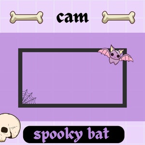 May include: Purple and black Halloween themed webcam overlay with a spooky bat, a skull, and the text "cam" and "spooky bat".