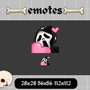 May include: A cartoon Ghostface character from the Scream movie franchise holding a pink heart with a small pink heart above his head. The image is available in three sizes: 28x28, 56x56, and 112x112.