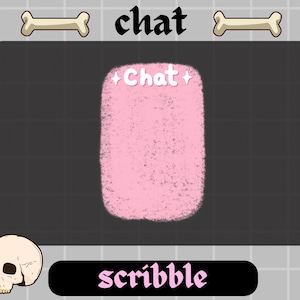 Puede incluir: Ilustración digital con un rectángulo rosa texturizado con la palabra "Chat" en blanco. La palabra "scribble" está debajo, y la palabra "chat" está encima. También hay una calavera y dos huesos.
