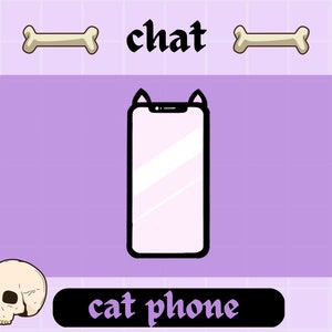 Op de afbeelding: Een paarse en witte achtergrond met een zwarte omtrek van een smartphone met kattenoren bovenop. De tekst "chat" staat boven de telefoon en de tekst "cat phone" staat onder de telefoon.