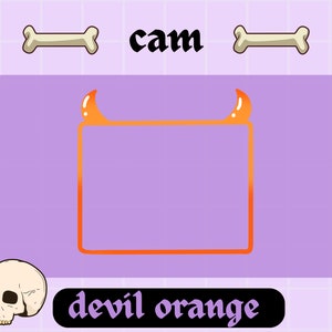 May include: A purple and white grid background with a white bone on each side of the word "cam". A purple rectangle with a devil orange frame with rounded corners. The text "devil orange" is below the rectangle.