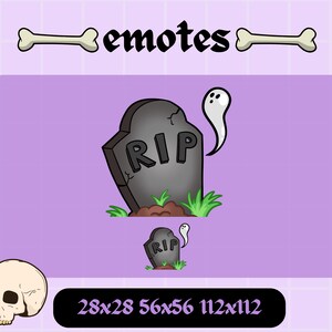 Op de afbeelding: Een cartoonillustratie van een grijze grafsteen met het woord "RIP" erop. Een witte geest zweeft boven de grafsteen. De afbeelding is beschikbaar in vier formaten: 28x28, 56x56, 112x112.