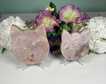 Pink amethyst cat heads | pink amethyst crystals | crystal carvings | crystal cat | crystal slab | pink amethyst carving | room decor | cats