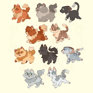 May include: A selection of cartoon illustrations featuring cats and dogs. The animals are drawn in a cute, animated style, with fluffy fur and expressive faces. The colour palette includes shades of brown, grey, black, and cream, with some animals featuring striped or patterned coats.