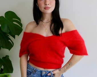 vintage romantic off shoulder cherry red knit top