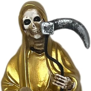 Santa Muerte Gold Holy Death Grim Reaper Skull Skeleton 5&quot; Tall