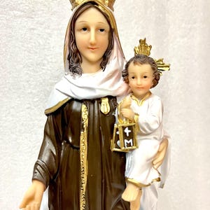 Luciana Series 12&quot; Wooden Base Our Lady of Mount Carmel Statue Religious Decoration – Handcrafted Religious Figurine for Home, Church