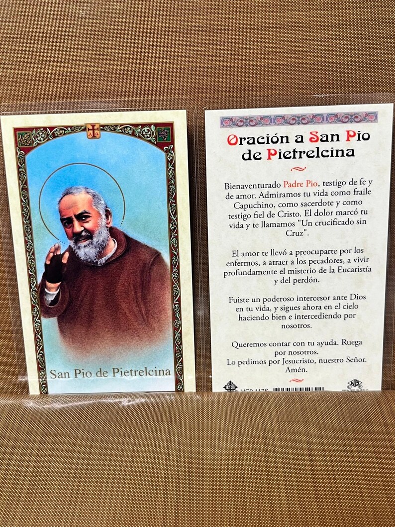 Prayer To Padre St Pio Prayer Cards | Oración a San Pio De Pietrelcina Laminated Cards | 2-Sided Holy Cards Spanish