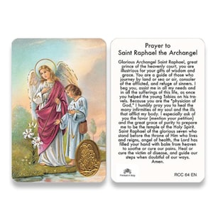 May include: A prayer card featuring an illustration of the Archangel Raphael with a young boy. The card includes a prayer to Saint Raphael the Archangel, asking for guidance, protection, and healing. The text on the card reads "Prayer to Saint Raphael the Archangel".