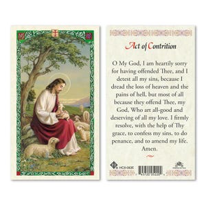 Jesús con ovejas - Acto de contrición Tarjetas de oración laminadas Tarjetas sagradas de 2 caras
