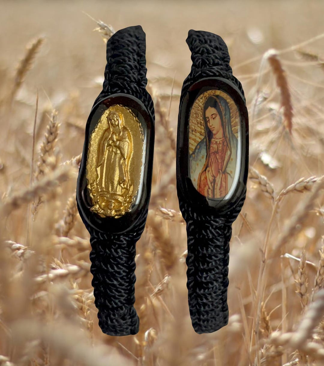 Trendzeen Virgin Mary Bracelet - Our Lady Of Guadalupe Card, The Lord's Prayer - Black Wood Virgen De Guadalupe Bracelet with Catholic Holy Cards - Set of 3 Items