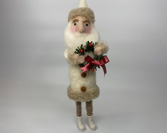 Tall Cream Santa, Felt and Fury Standing Santa with Wreath, for your holiday decorating and projects