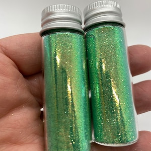 Sparkly Very Fine Iridescent Green Glitter with Golden Shimmer, Mermaid Green, About 1/2 oz dry, In glass bottle