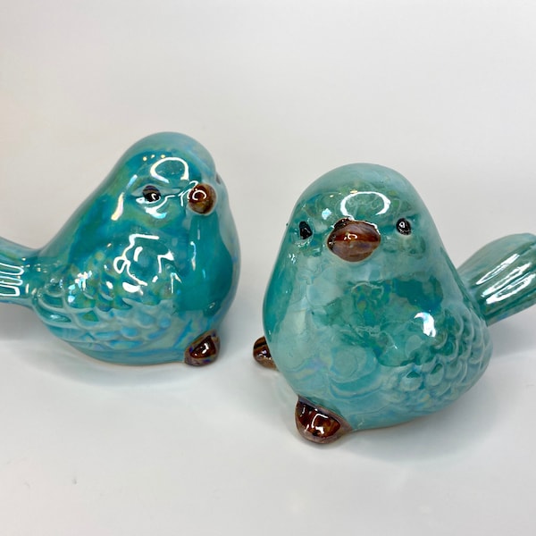 2 Aqua Ceramic Birds, Pretty Iridescent Blue Glaze!  Great all year decor!  In 2 different styles ~ You get one of each!