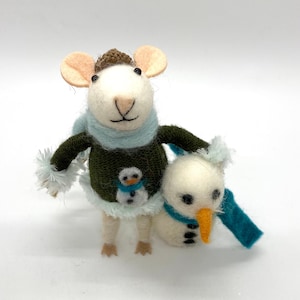 Felt Mouse with Snowman: Aqua Accents, Holiday Ornament