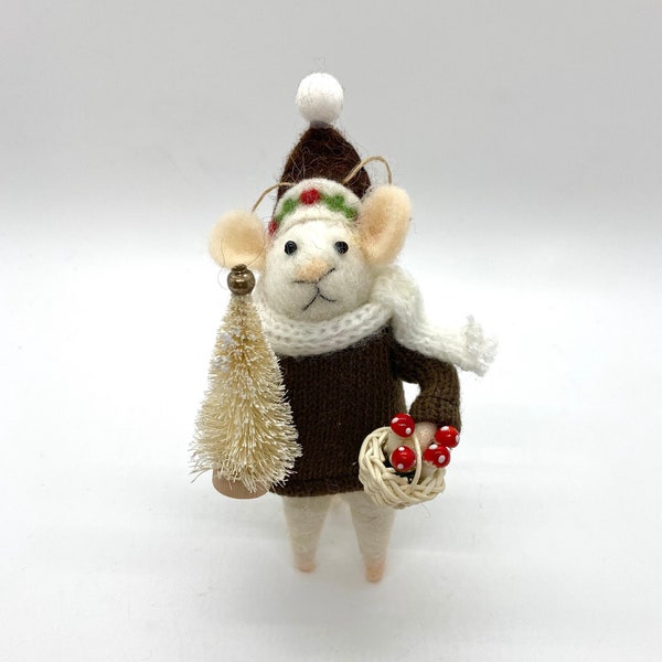 Felt Christmas Mouse in Brown Sweater, white knit scarf, cute Nordic hat, Basket of lucky Vintage German mushrooms, Bottlebrush Tree