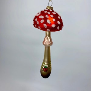 Mercury Glass Red Lucky Mushroom with Ladybug Ornament, Vintage Look Glass Ornament