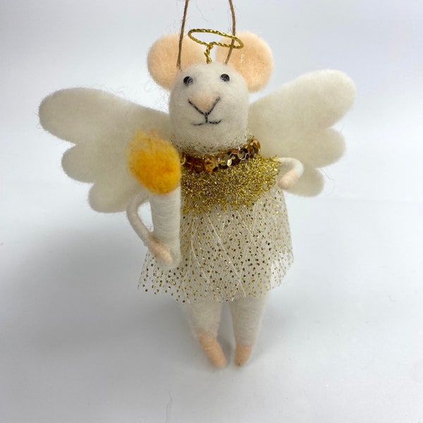 White Felt Mouse Christmas Angel with Vintage Gold Trims, Felt Wings, Cream & Gold Dot Tulle Dress, holds a Felt Candle, hanging Ornament