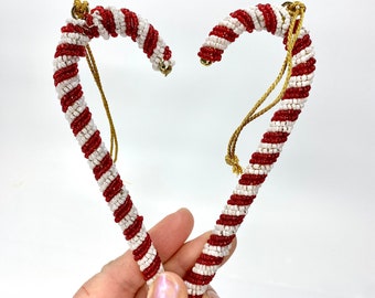 Beaded Candy Canes with Red and White Beads, Hanging Christmas Holiday Ornament or Package decoration