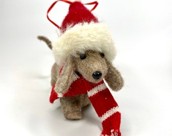 Felt Dachshund with Santa Hat and Red & White Striped Scarf Ornament, with wired tail