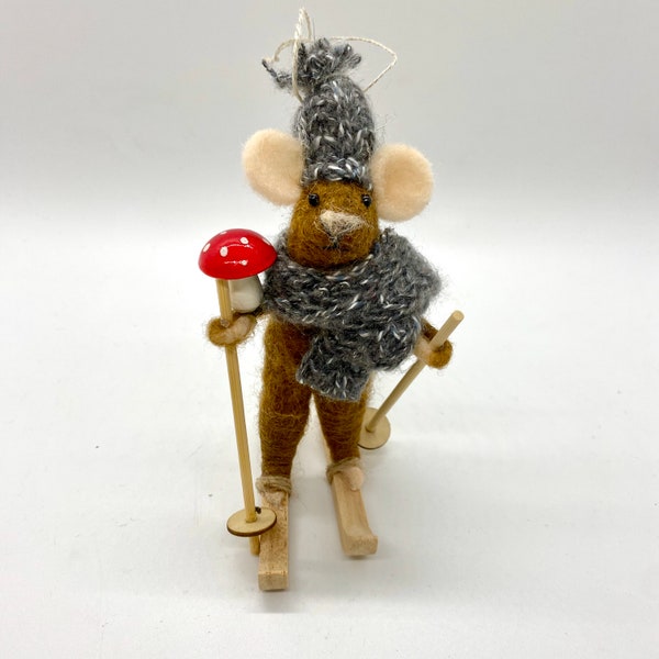 Brown Felt Mouse Skier Christmas Ornament with Grey knit scarf & hat, holding a Lucky Red Mushroom, friend of the Gnomes~