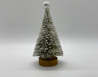 One Mini Bottle Brush Christmas Tree, green with white snow and silver bead topper