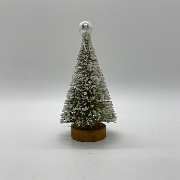 One Mini Bottle Brush Christmas Tree, green with white snow and silver bead topper