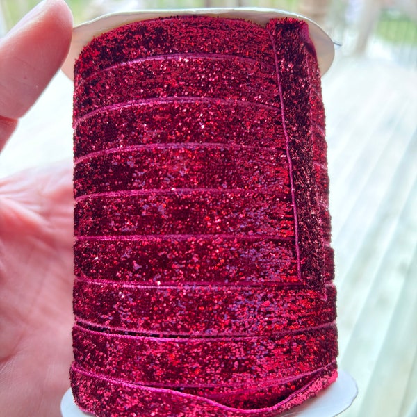3/8" Raspberry Pink Glitter Velvet Metallic Gorgeous Ribbon, 5yd, 10yd, 20yd ~ Christmas Projects, Card Making, Scrapbooking, Crafting