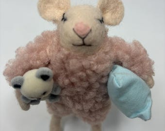 Felt Mouse Christmas Ornament: Sleepy Baby with Pink Pajamas, Vintage Teddy