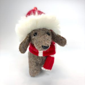 Felt Dachshund with Santa Hat and Red & White Striped Scarf Ornament, with wired tail