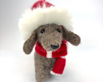 Felt Dachshund with Santa Hat and Red & White Striped Scarf Ornament, with wired tail