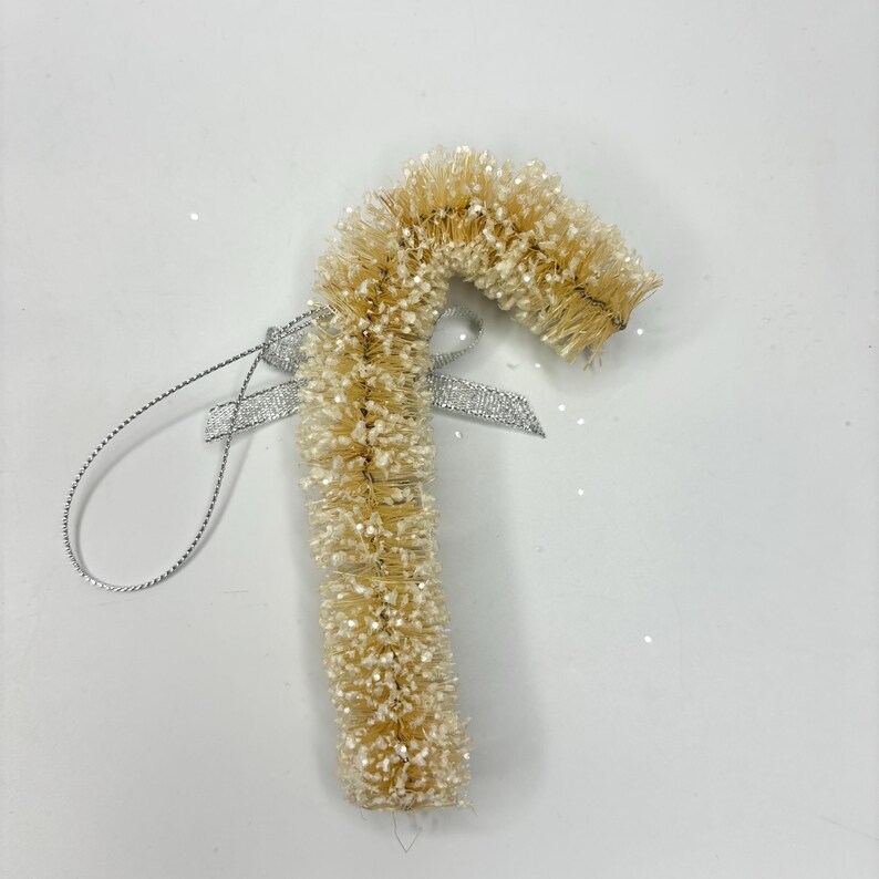 White Bristle Candy Cane With Silver Metallic Balls and Snow Glittered