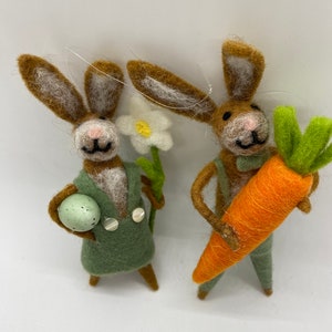 Felt Spring Easter Bunny Boy and Girl Ornament, in Green felt clothes, Set of 2, Girl holds a felt flower and Boy holds a Big Felt Carrot!