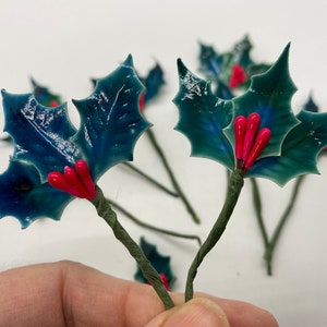 Vintage Lacquered Holly Leaf Picks with Red Pip Berries, 12 stems each with 3 leaves + 3 berries - Christmas Packaging Trims Millinery Picks