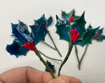 Vintage Lacquered Holly Leaf Picks with Red Pip Berries, 12 stems each with 3 leaves + 3 berries - Christmas Packaging Trims Millinery Picks