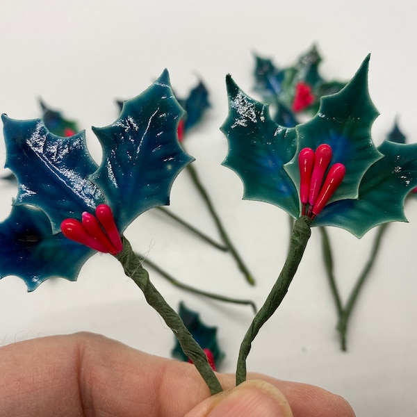 Vintage Lacquered Holly Leaf Picks with Red Pip Berries, 12 stems each with 3 leaves + 3 berries - Christmas Packaging Trims Millinery Picks