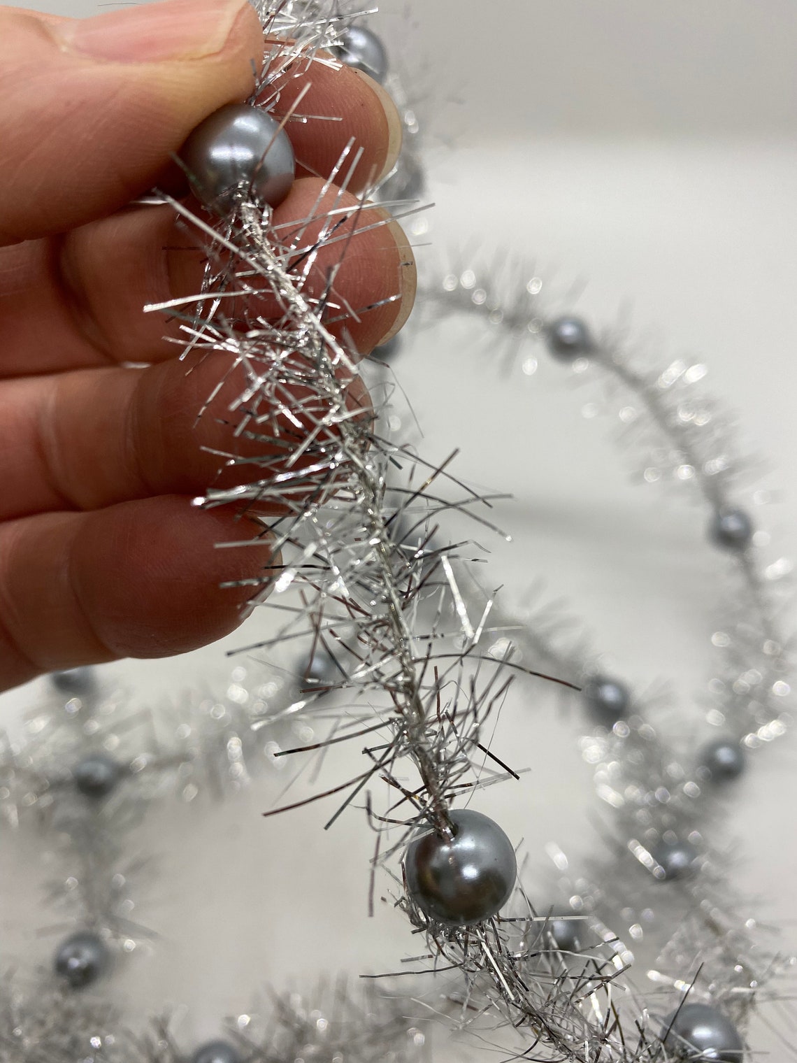Silver Tinsel Garland with Pearls Super Cute Wired Tinsel Etsy