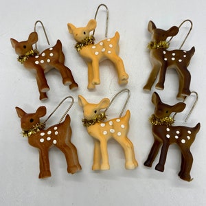 Set/6 Fawn Deer Mini Ornament or Sitter, 2 each of 3 colors, for holiday trees, crafts or decor, Set of 6, cute retro look!