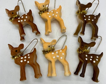 Set/6 Fawn Deer Mini Ornament or Sitter, 2 each of 3 colors, for holiday trees, crafts or decor, Set of 6, cute retro look!