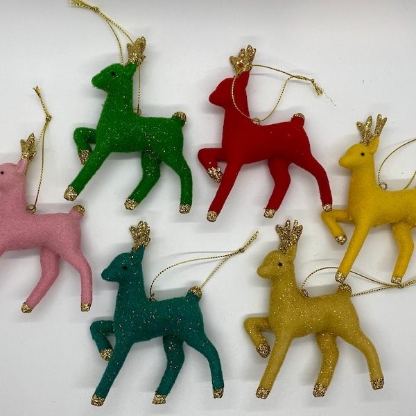 Flocked Deer Ornament with gold glitter with Vintage Retro look!  One Reindeer in Choice of colors~ Red, Green, Gold, Yellow, Pink or Teal