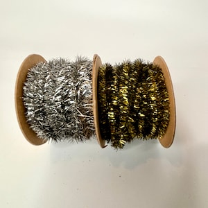 Gold or Silver Wired Tinsel Garland Colors, 155" long each, Choice of Gold or Silver, each on a cardboard spool, 1/4" thick