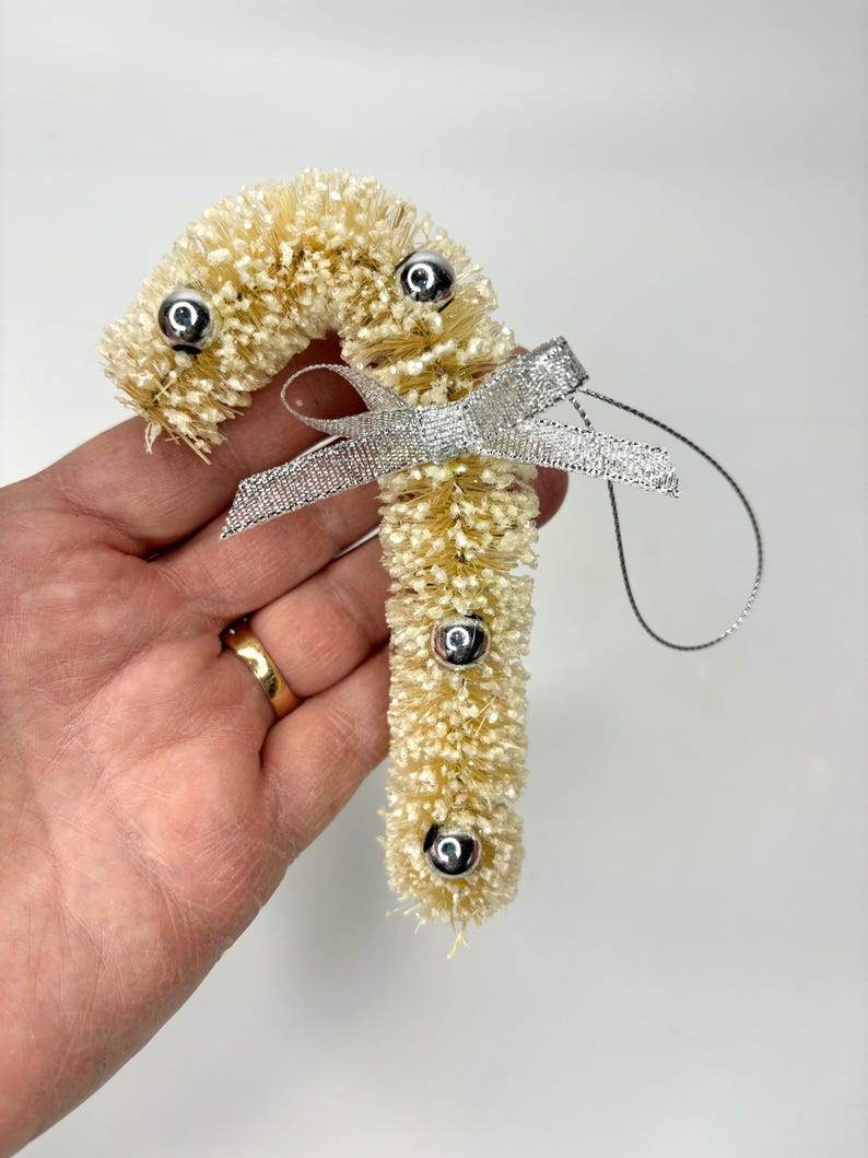 White Bristle Candy Cane With Silver Metallic Balls and Snow Glittered