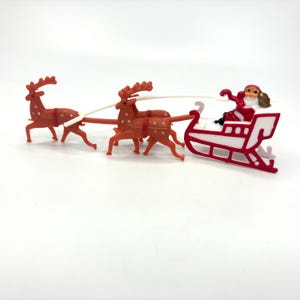 Santa 3 Reindeer & Sleigh, Plastic cake topper, Dollhouse decoration, MCM retro vintage style, miniature Christmas 1,2,3 ship for same cost!